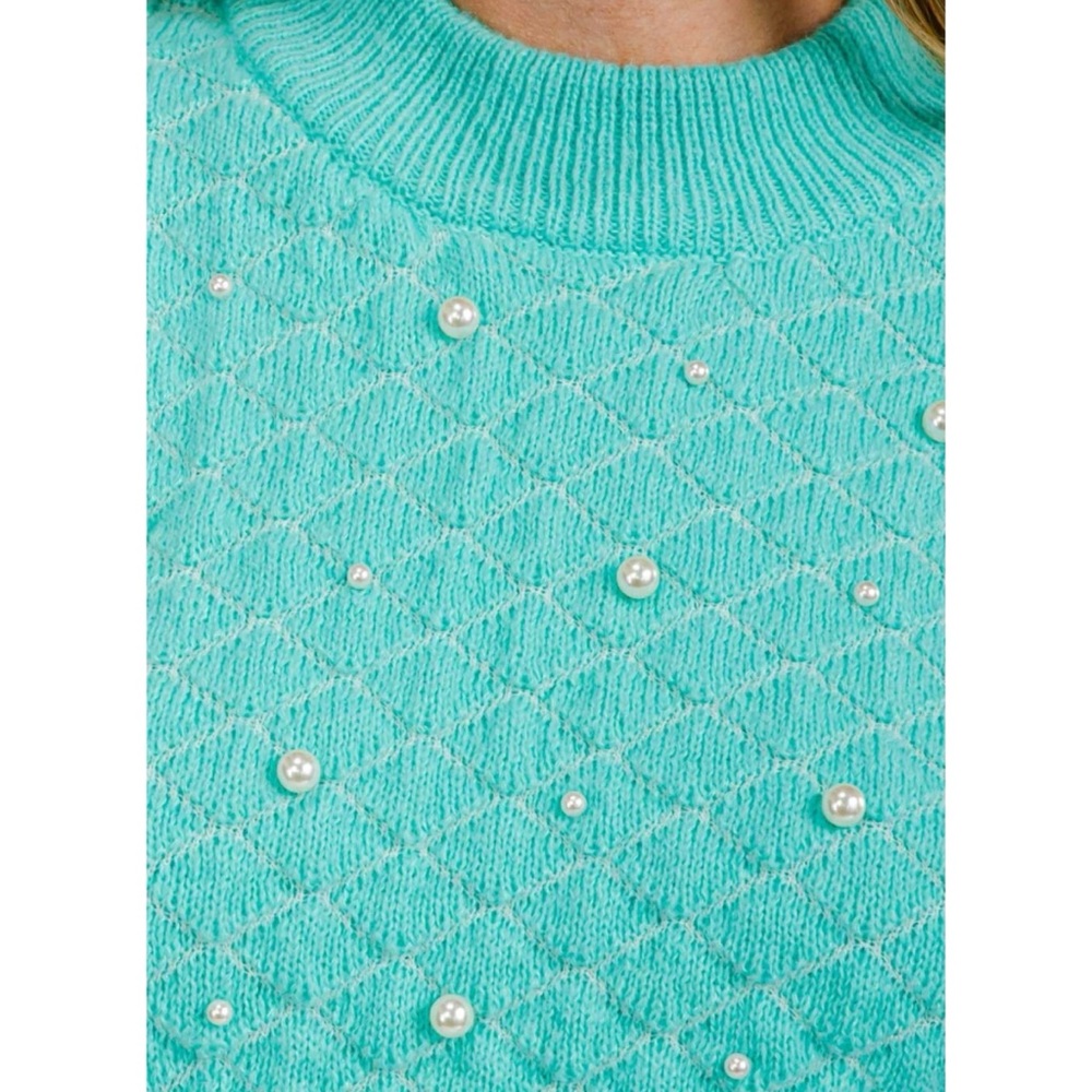 PEACH LOVE CALIFORNIA Short puff sleeve pearl knit top S M L - Picture 7 of 9